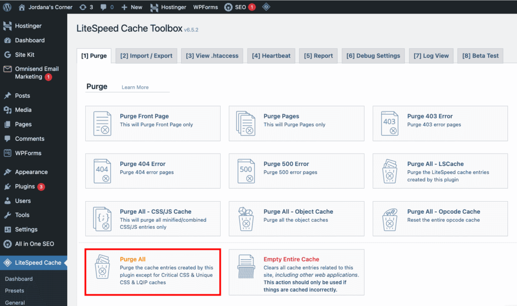 WordPress LiteSpeed Cache, highlighting the option to purge all caches