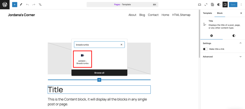 Adding the Breadcrumbs block to the Pages template in WordPress Site Editor
