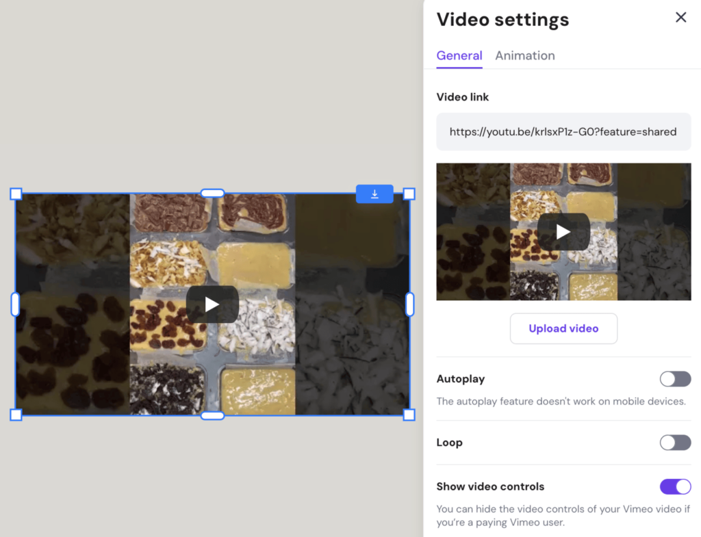 Video settings panel within Hostinger Website Builder