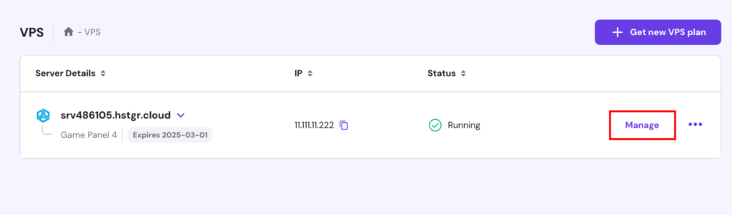 hPanel VPS page with the Manage button highlighted