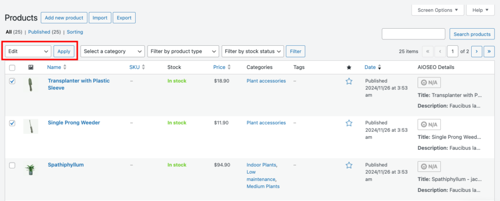 WooCommerce bulk actions field in the Products section