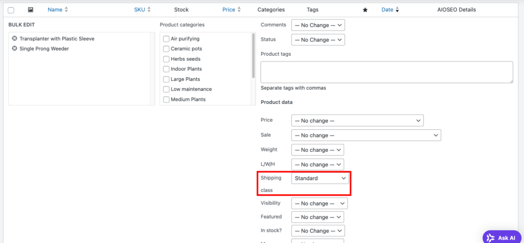 Assigning a shipping class to products via bulk edit