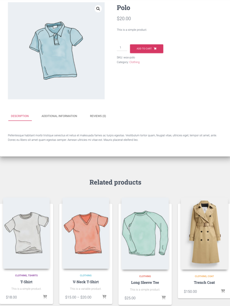 WooCommerce product page showing default related products