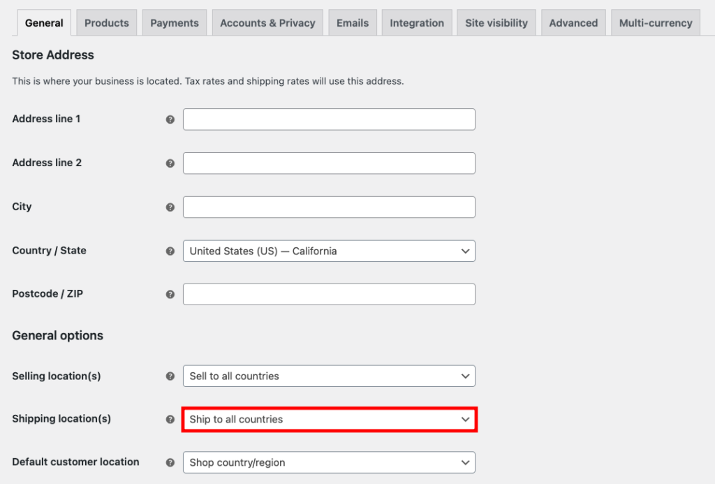 Configuring the shipping location in WooCommerce