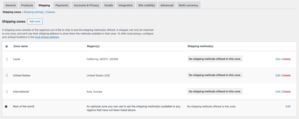 WooCommerce shipping zones section, showing a list of all the added shipping zones