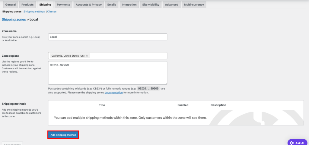 WooCommerce shipping zones section, showing a list of all the added shipping zones