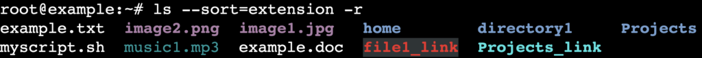 The ls --sort=extension -r command's output in the terminal